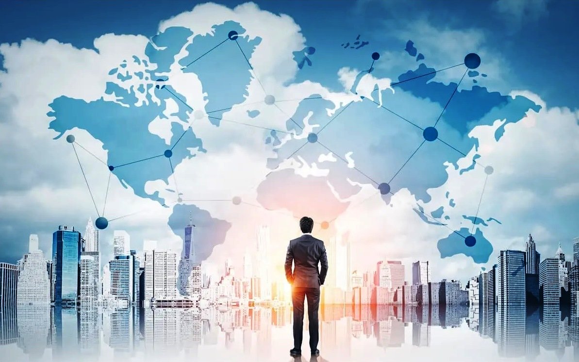 A trader looking out over a city skyline beneath a world map of connected trade routes