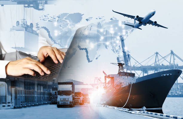 Export coordination desk — vessel at berth, container terminal and road haulage set against a world trade map